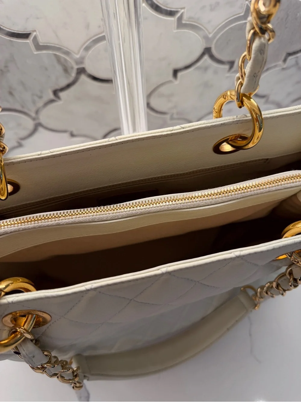 CHANEL Cream Quilted Chain-Handle Tote